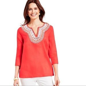 TALBOTS SHELL-EMBELLISHED LINEN TUNIC TOP L